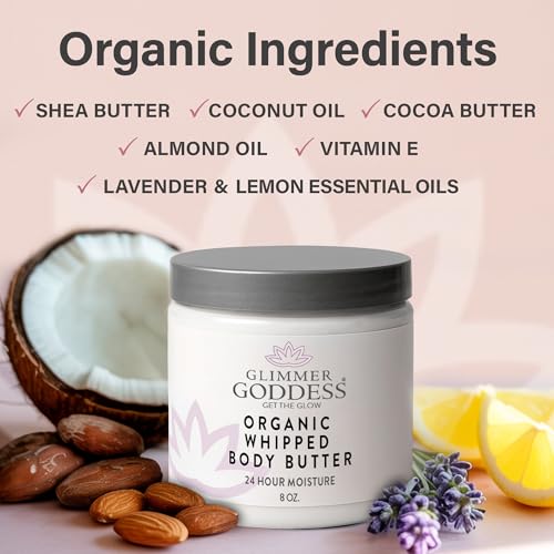 GLIMMER GODDESS Organic Whipped Body Butter for Women - Moisturizer Cream with Shea & Cocoa Butter, Almonds & Coconut Oil - Citrus Basil, 8oz