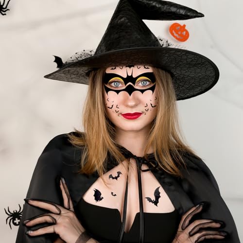 HOWAF 4 Sheets Halloween Bat Face Tattoos, Halloween Bats Tattoos Sticker for Hallows' Eve Masquerade Halloween Cosplay Raves Costume Accessories, Flaying Black Bat Temporary Tattoos Sheets