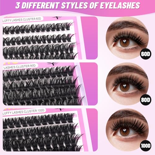 728Pcs Fluffy Lashes Cluster Kit Extensions Eyelash Kit with Bond&Seal 60D+80D+100D Thick Volume Eyelash Clusters Kit D Curl Volume False Eyelashes DIY Individual Wispy Fake Eye Lashes Combo
