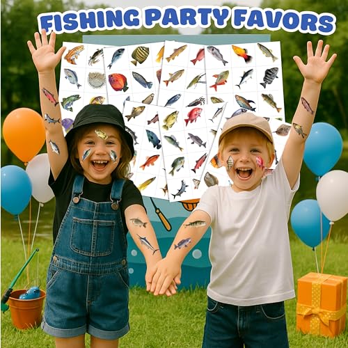 Pre-Cut Fishing Temporary Tattoos - Gone Fishing Fish Lake 96PCS Funny Fish-Themed Stickers for Kids' Birthday Party Supplies, Decorations, Favors, and Prizes - Cute Gifts for Boys and Girls