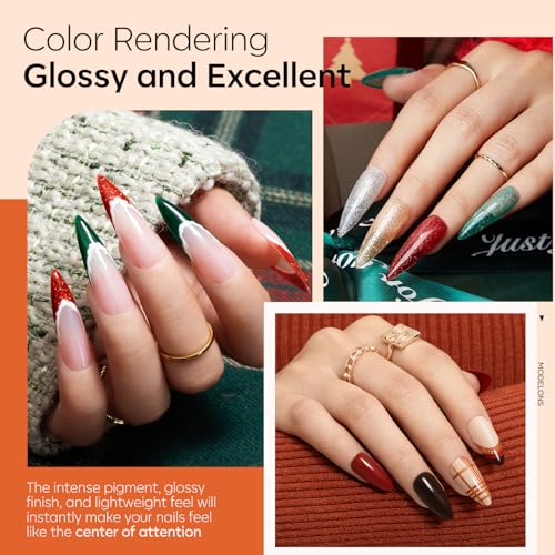 Modelones Christmas Dip Powder Nail Kit 20 Colors, Red Green Brown Orange Glitter Dipping Powder Starter Set Base&Top Activator Liquid French Nail Art Salon DIY Kit Gifts for Women