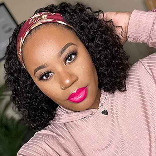 10 Inch Curly Headband Wig Human Hair Natural Color Glueless Headband Wigs for Women None Lace Front Wigs With Headband Attached Human Hair Wigs