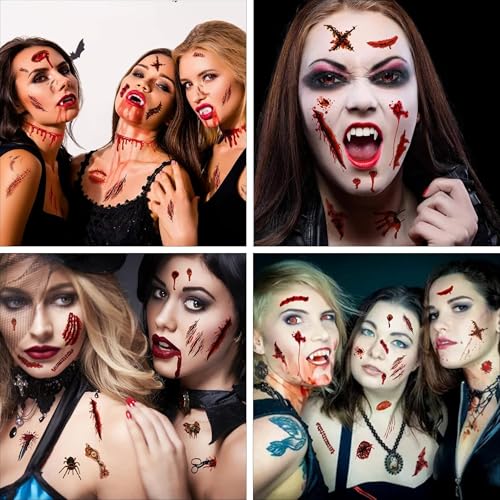 60 Sheet Halloween Zombie Scars Tattoo Stickers - Fake Scab Blood Special Fx Costume Makeup Props for Masquerade Party Prank Decorations