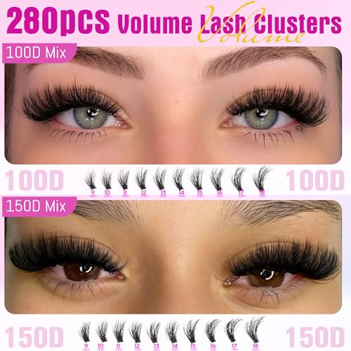Lash Extension Kit Full Lash Clusters Kit 280pcs Volume Eyelash Extension Kit 100D/150D 2 Styles Eyelash Clusters Kit Bond and Seal Lash Glue with Tweezers Thick Individual Lashes Kit by Ruairie