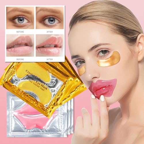32 Pairs Lip Masks with Eye Mask, 24K Collagen Under Eye Patches for Dark Circles and Puffy Eyes, Reduce Lip Wrinkles, Anti Chapped & Remove Lip Dead Skin, Nourishes the Lip & Eye Skin (32)