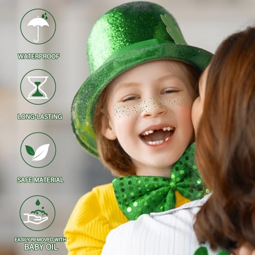 8 Pcs Green Face Glitter Freckles Stickers, St. Patrick's Day Glitter Freckles Face Tattoo, Waterproof, Easy to Apply and Remove, Long-lasting 48h Glitter Makeup for Women and Girls