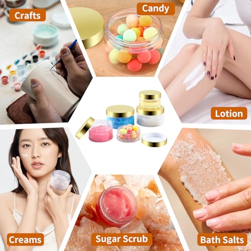 36 Pack 2 Oz Plastic Containers with Gold Lids,Small Clear Empty BPA Free and Refillable Cosmetic Jars Travel Containers for Creams, Lotion, Bath Salts, Sugar Scrub, Slime, Lip Scrub, Makeup