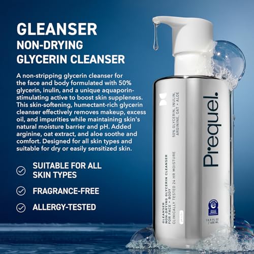 Prequel Gleanser, Moisturizing Glycerin Face Wash, Unscented Cleanser for Sensitive and Dry Skin, 6.75 fl oz Pump Bottle (Pack of 2)