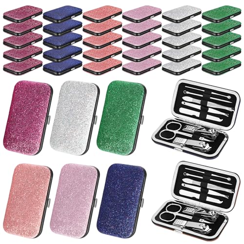 30 Sets Bulk Gifts for Women Manicure Set Bulk Professional Nail Care Kit Nail Clippers Kit 8 in 1 Stainless Steel Pedicure Set with Travel Case for Women Men(Fine Glitter)