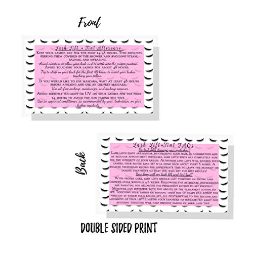 Lash Lift + Tint Aftercare Instruction Cards | 50 Pack | 2 x 3.5¡± inches Business Card Size | Eyelash Lift and Tint Kit at home diy aftercare supplies | Lash Print with Pink Inlay Design
