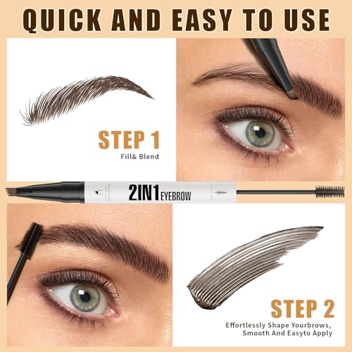 Microblading Eyebrow Pen - Dual-Ended 2-in-1 Eyebrow Pen with Brush, Waterproof Smudge-Proof Liquid Formula for Natural Full Brows (1#Light Brown)