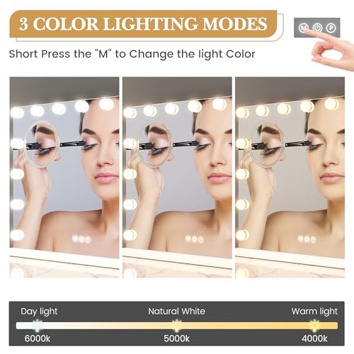GAOMON Makeup Mirror with Lights, Multifunctional Smart Touch Vanity Mirror with 15 Dimmable LED Lights and 3 Lighting Modes, 3X Magnification, Tabletop or Wall Mount, Dressing Room/Bedroom