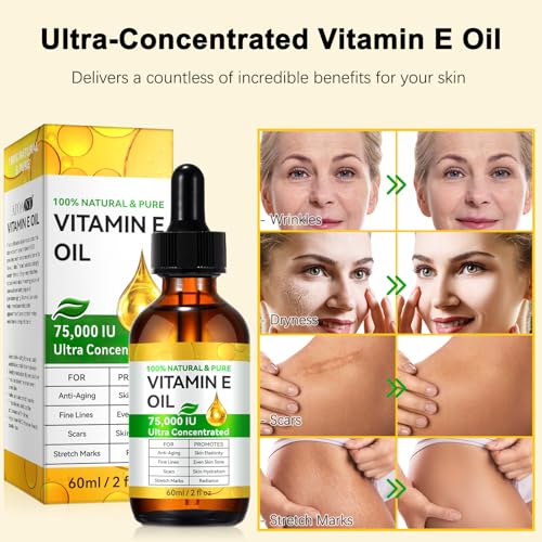 Organic Vitamin E Oil 2.02 fl.oz, 100% Pure & Natural Vitamin E Oil Blend 75,000 IU, for Skin Face and Scars, Body Bath Oil Moisturizing Dry Skin and Winkles for Healthy Radiant Skin