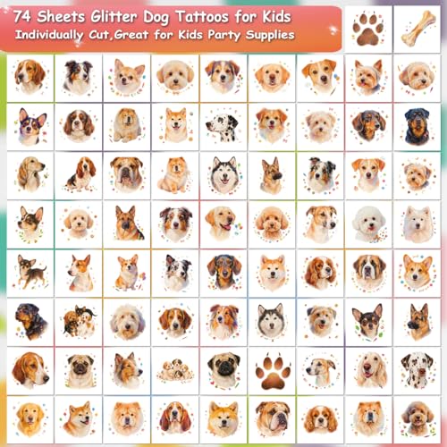 Glitter Dog Temporary Tattoos for Kids - 74 Individually Sheets | Waterproof & Easy Peel | Perfect for Kids Birthday Party Supplies, Dog Lovers, School Rewards