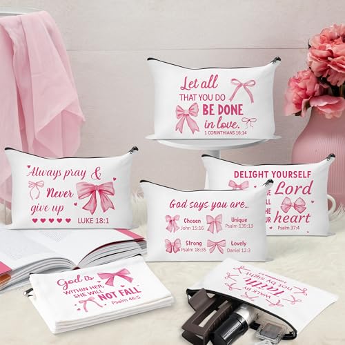 Y1tvei Bow Bible Cosmetic Bags - 30Pcs Pink Coquette Mini Bible Verse Makeup Bag with Zipper, White Canvas Large Capacity Cosmetic Bags Set Gifts Bulk for Women Girls Inspirational Church Party Favors