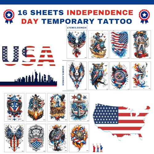 16 Sheets Independence Day Temporary Tattoos, USA Flag Patriotic Waterproof Fake Tattoos, Red White and Blue Party Supplies Tattoo Kits for 4th of July Memorial Day, Veterans Day, Summer Festivals