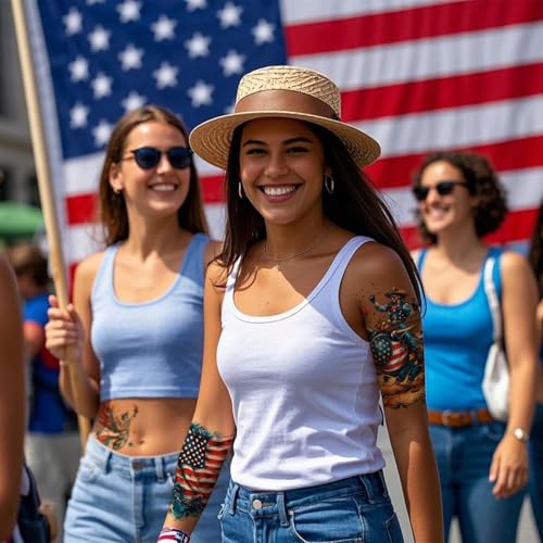 16 Sheets Independence Day Temporary Tattoos, USA Flag Patriotic Waterproof Fake Tattoos, Red White and Blue Party Supplies Tattoo Kits for 4th of July Memorial Day, Veterans Day, Summer Festivals