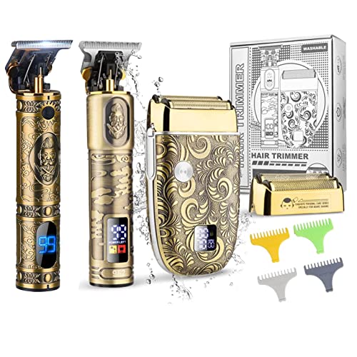 Professional Hair Clippers and Electric Shavers Set, Beard Trimmer for Men Electric Razor Beard Grooming Kit Hair Trimmer with 2 Foil Head and Limit Combs, Gift for Men,Bronze