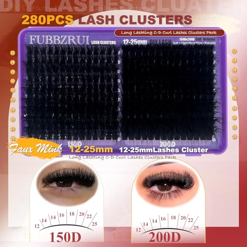 Volume Lash CLusters 12-25mm Long Cat Eye D Curl 280PCS Cluster Eyelash Extensions 150D+200D Thick DIY Lash Extesnion