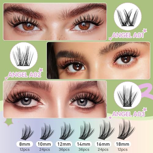 KEYYOU LASH Extension Kit 144Pcs Angel Lash Clusters Kit Thick Eyelash Extension Kit with Glue and Seal,Tweezers,Remover for DIY lash extension kit at Home£¨Kit-Angel A03-D-8-18MIX£©