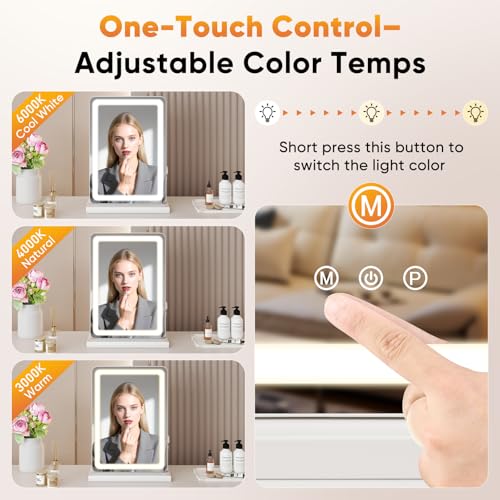 NEWBULIG 18.5"x13" LED Vanity Mirror with Lights, Lighted Smart Tabletop Makeup Mirrors for Desk, Touch Control Dimmable Brightness, 3 Color Lighting Modes