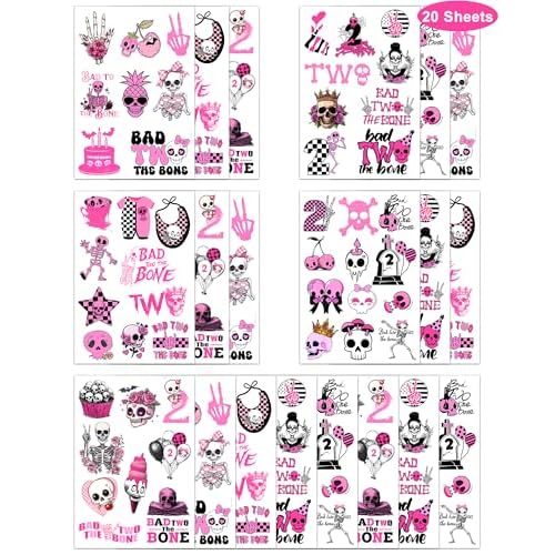 192 Pieces Bad Two The Bone Black and Pink Temporary Tattoos Stickers,20 Sheets 2nd Birthday Skeleton Themed Tattoos Stickers Party Decoration Supplies Party favors