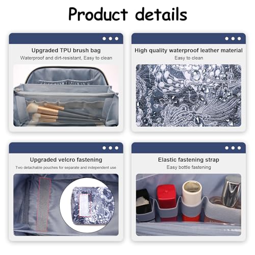 BOYATU Travel Makeup Bag for Women: Large Capacity Make up Bag with Compartments - Vegan Leather Cosmetic Bag set of 3 - Waterproof Toiletry Bag with Handle & Divider(E-3-Blue)