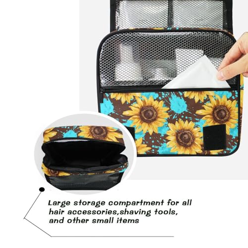 Hanging Toiletry Bag for Women Teal Art Floral Sunflower Makeup Bag Travel Essentials Toiletries Organizer Bag Flower Cosmetic Bag Foldable