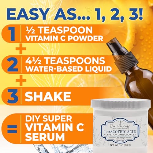 100% Pure L-Ascorbic Acid (Cosmetic Vitamin C Powder for Face) to Make Your Own Premium Beauty Serum, Skincare Mask Treatment, Hyaluronic Serums with Vit C & DIY Facial Skin Care Products 6 OZ