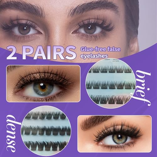 Press On Lashes Self Adhesive Lash Extensions Glue Free False Eyelashes 10-16mm Natural Look Individual Clusters, No Glue Needed Reusable Lashes for Daily & Party(S model)