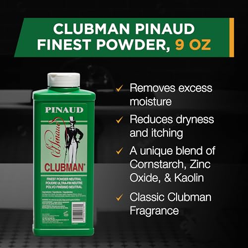 Clubman Pinaud After Shave Lotion, Classic Men¡¯s Aftershave, 6 fl oz Pinaud Finest Powder, Classic White Powder for Men, Protection Against Sweat and Body Odor, 9 oz
