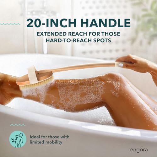 Back Scrubber for Shower - 20" Long Handle Shower Brush - Natural Bristle Back Brush ? Ergonomic Handle + Silicone Anti-Slip Grip - Great Gift Idea - Men, Women + Seniors Love This (Firm Bristles)