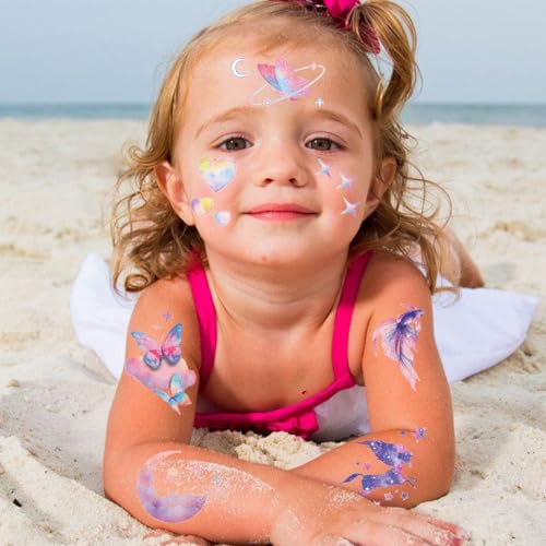 110 Glitter Styles Temporary Tattoos for Girls Women - 12 Sheets Glitter Dream Butterfly Moon Fairy Mermaid Temporary Tattoos for Girls Party Favors Festival Makeup