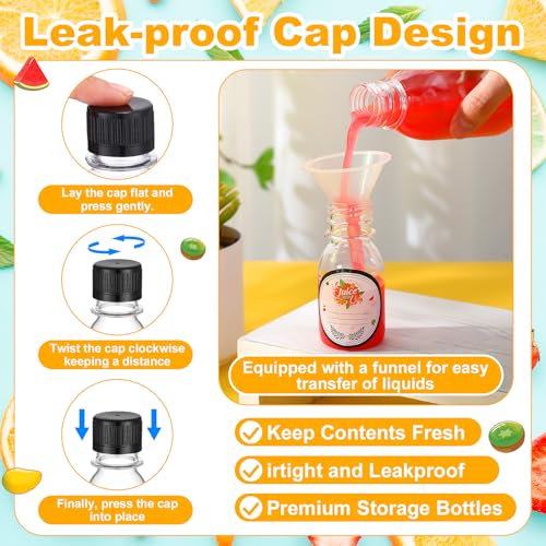 LemonRoad 100 Pcs 2oz Small Plastic Juice Bottles with Black Cap Mini Reusable Clear Shot Jar with Lid Scale and Label for Ginger Liquid Drink Milk Beer Coffee Storage Container Portable Travel