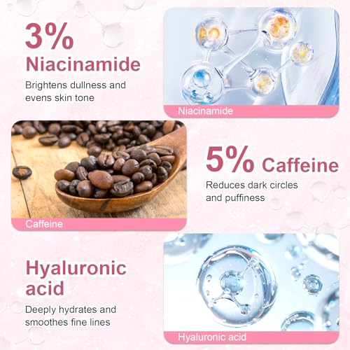5% Caffeine Eye Serum Treatment,Hyaluronic Acid & Niacinamide, Under Eye Cream for Dark Circles, Anti Aging 360¡Æ Massage Rollerball - Reduce Puffiness, Wrinkles & Fine Lines, 0.5 fl. oz