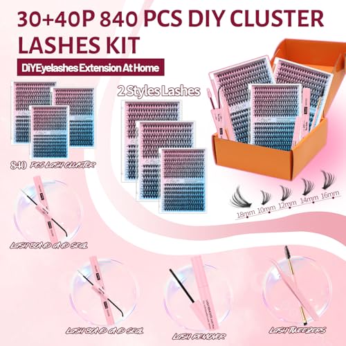 Lash Clusters Kit 840Pcs Clusters Lashes Extension Volume Soft Eyelash Extension Kit 30D+40D D Curl Wispy Natural DIY Individual Lash Kit Box for Beginners Bulk Pack Includes a random lucky gift