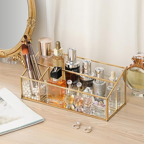 Hipiwe Makeup Organizer Countertop Cosmetic Display Case Gold Glass Vanity Storage Holder 3 Slots Dresser Bathroom Counter Organizer for Makeup Brush Lipsticks Perfume Skincare Products