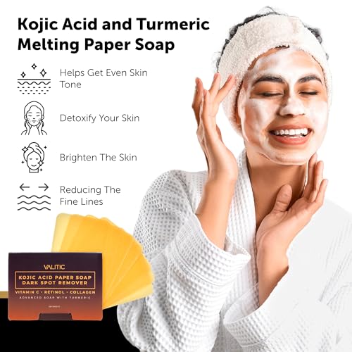 VALITIC Turmeric Kojic Acid Cleansing Soap Melting Sheets - Dark Spot Corrector Paper Soap - 100 Travel Size Facial Exfoliating Sheets With Vitamin C, Retinol, Collagen - 3 Pack