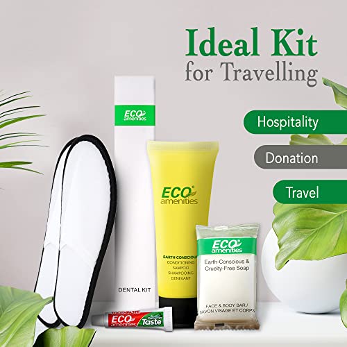 ECO amenities Bulk Hotel Toiletries Set - Travel Toothbrush Set - Cruelty-Free Shampoo & Conditioner - Bar Soap Bulk & Closed-Toe Slippers - 140 Pieces, 30ml Shampoo, 14g Soap, Green Tea