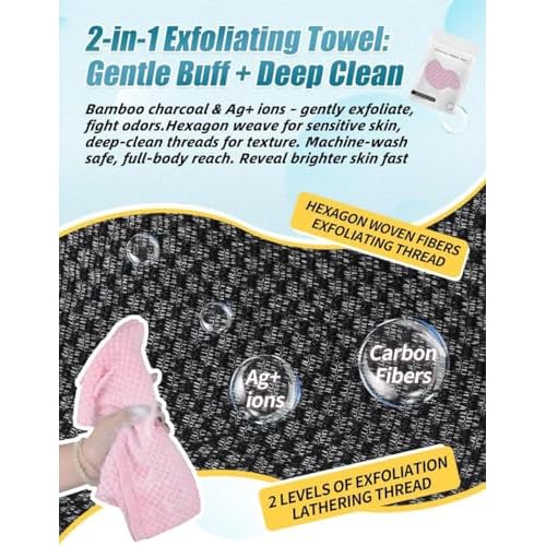 BLISSALRK Exfoliating Shower Towel 48",Premium Scrub Wash Cloth for Body Face, Exfoliating Washcloth for Men and Woman (1, Black+Pink)