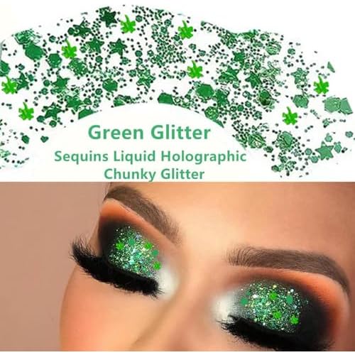 Go Ho Green Face Body Glitter,St Patricks Day Shamrock Hair Glitter Makeup,Self Adhesive Holographic Chunky Sequins Glitters,Irish Festival Four Leaf Clover Green Accessories