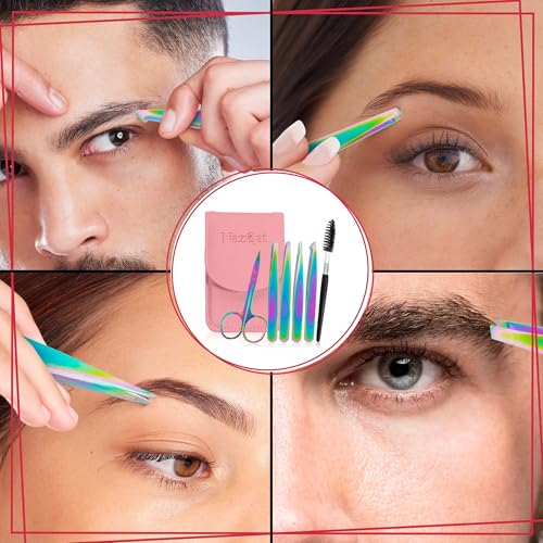 6-Piece Precision Eyebrow Tweezers for Women & Men - Professional Eyebrow & Facial Hair Grooming Kit with 4 Tweezers For Eyebrows, Eyebrow Scissors & Brush - Stainless Steel Tools in Leather Case