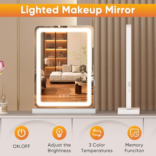 NEWBULIG 18.5"x13" LED Vanity Mirror with Lights, Lighted Smart Tabletop Makeup Mirrors for Desk, Touch Control Dimmable Brightness, 3 Color Lighting Modes