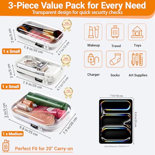 6 Pack Clear Hard Shell Zipper Case (4 Small & 2 Medium), Hard Plastic Organizer Pouches for Travel, Small Items, Makeup, Electronics & Art Supplies - Crush-Resistant & Waterproof Storage