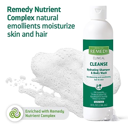 Medline Remedy Clinical Hydrating Shampoo & Body Wash (8 fl oz), 12 Count, Vanilla Scent, Cleanser, No-Rinse, Adults, Kids, Shower Or Bedside, Dimethicone, Sulfate Free