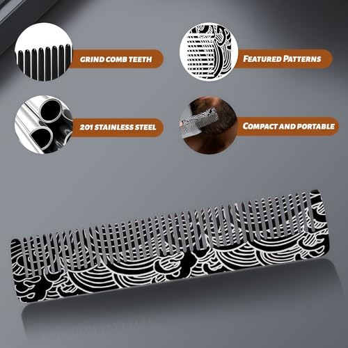 Metal Beard & Mustache Comb for Men - Pocket Comb with 3D Pattern Design for Precise Styling - Durable, Compact, Travel-Friendly Grooming Tool for Facial Hair Care (4.65inch) - Wave