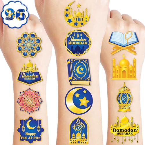 120 PCS Happy Ramadan Mubarak Eid Al Fitr Pre-Cut Temporary Tattoos for Kids | Super Cute Themed Birthday Party Favors, Supplies, Decorations, Fake Tattoo Stickers, School Rewards & Gifts Boys & Girls