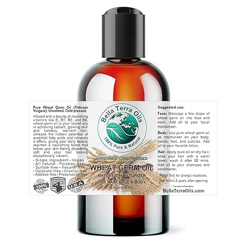 Bella Terra Oils - Organic Wheat Germ Oil 8 oz - Premier Vitamin E Oil for Face, Unveiling Beauty with Vitamin C, Natural Source of Vitamin E for Skin Care