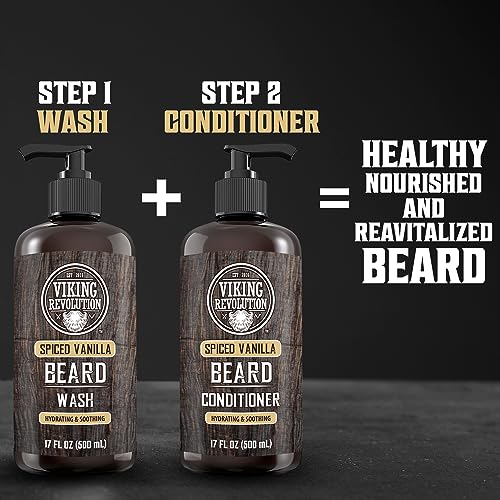Viking Revolution Spiced Vanilla Beard Wash for Men with Argan Oil and Jojoba Oil - Beard Softener and Strengthener Beard Shampoo with Beard Oil - Beard Care to avoid Beard Dandruff and Itch (17 oz)