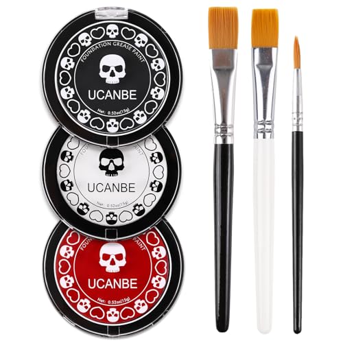 Goth White Foundation + Black Red Face Body Paint for Halloween Makeup, Face Painting Kit with Brushes Facepaint Set for Adults Clown Vampire Skull SFX Make Up Costume Cosplay Party Theater Stage